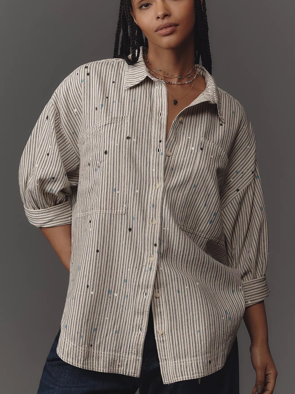 Pilcro studio smock Striped Button-Front Relaxed Shirt - White/Blue XXS